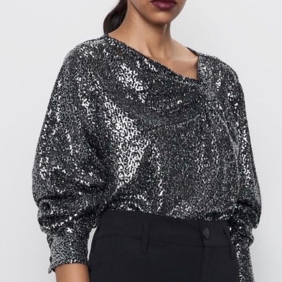 Zara Silver Grey Sequin Metallic Long Sleeve Top with Knot Size M - Picture 1 of 10